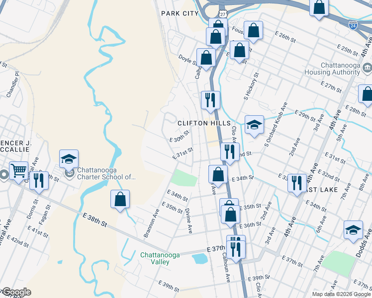 map of restaurants, bars, coffee shops, grocery stores, and more near 3013 East Crescent Circle in Chattanooga