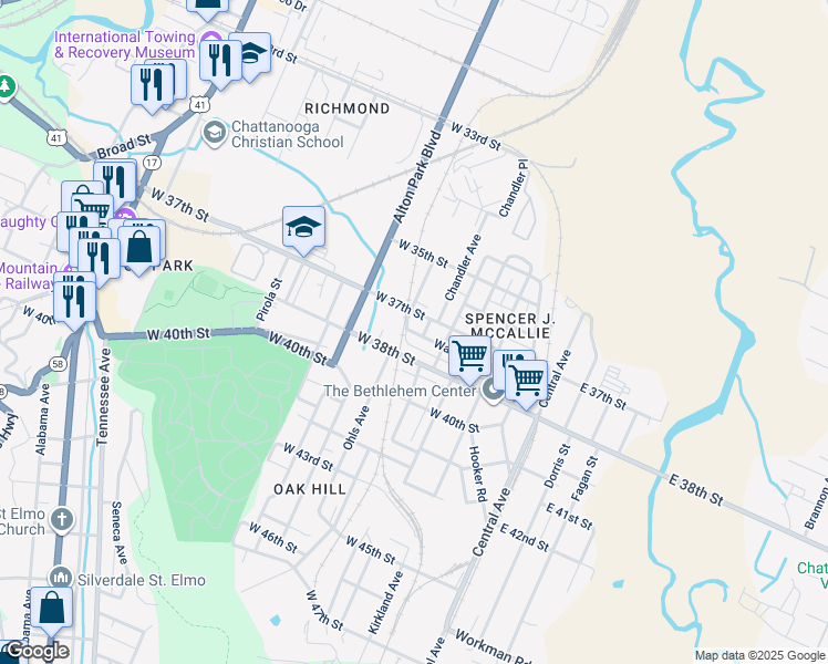 map of restaurants, bars, coffee shops, grocery stores, and more near 3710 Ohls Avenue in Chattanooga