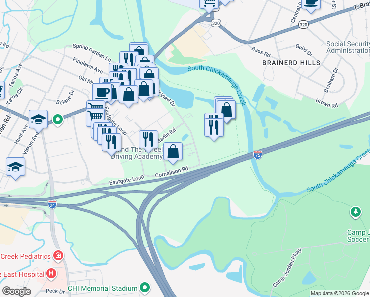 map of restaurants, bars, coffee shops, grocery stores, and more near 481 Skurlock Road in Chattanooga