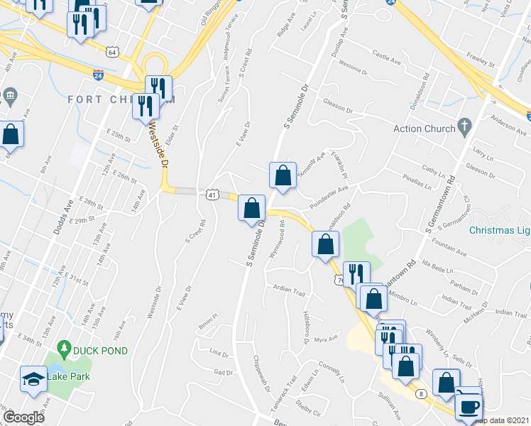 map of restaurants, bars, coffee shops, grocery stores, and more near South Seminole Drive in Chattanooga