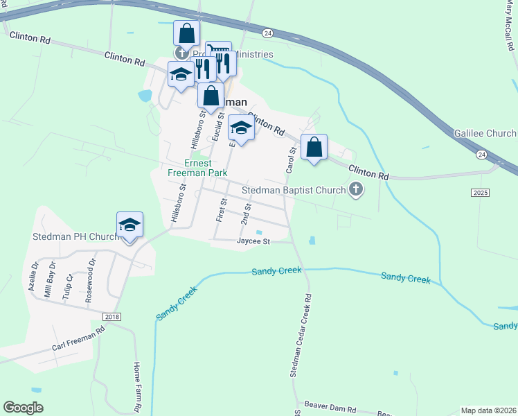 map of restaurants, bars, coffee shops, grocery stores, and more near 5164 Jefferson Street in Stedman