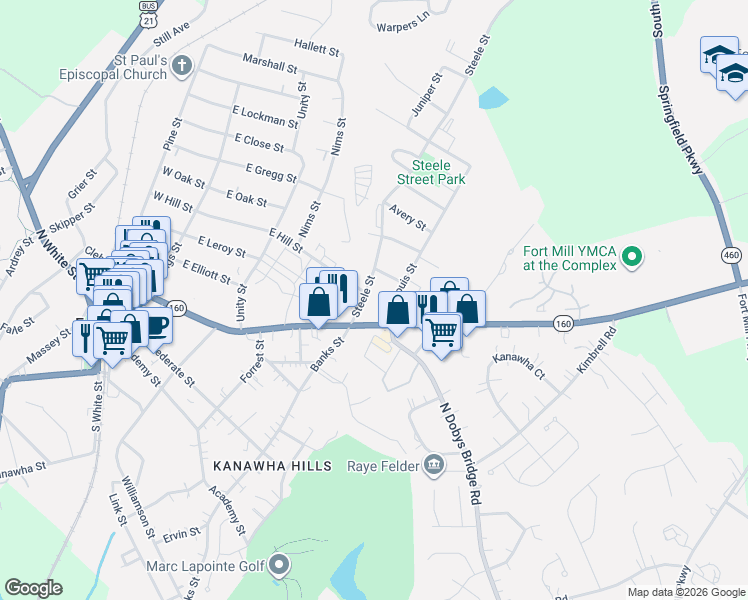 map of restaurants, bars, coffee shops, grocery stores, and more near 109 Steele Street in Fort Mill