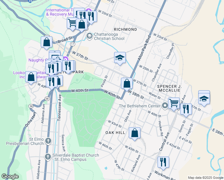 map of restaurants, bars, coffee shops, grocery stores, and more near 913 West 39th Street in Chattanooga