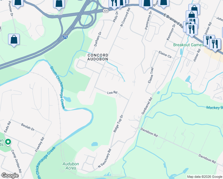 map of restaurants, bars, coffee shops, grocery stores, and more near 7125 Lea Rd in Chattanooga