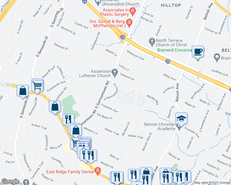 map of restaurants, bars, coffee shops, grocery stores, and more near 729 South Germantown Circle in East Ridge
