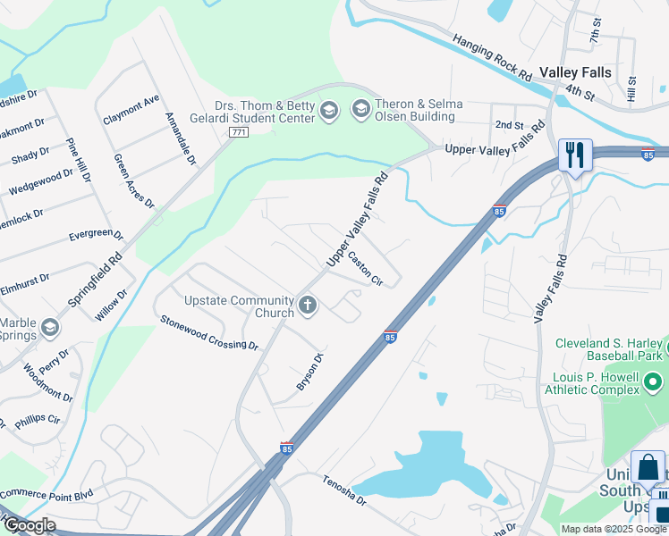 map of restaurants, bars, coffee shops, grocery stores, and more near 842 Upper Valley Falls Road in Boiling Springs