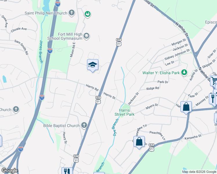 map of restaurants, bars, coffee shops, grocery stores, and more near 612 Adams Ridge Drive in Fort Mill