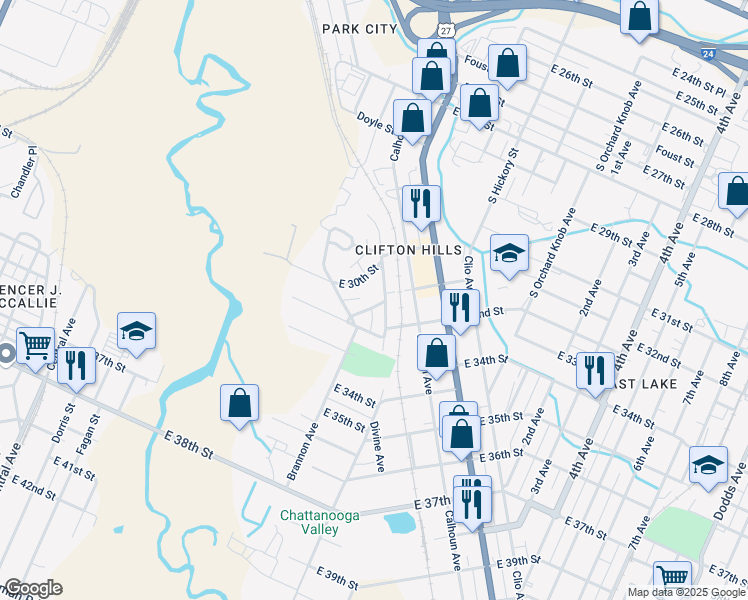 map of restaurants, bars, coffee shops, grocery stores, and more near 1311 East 31st Street in Chattanooga