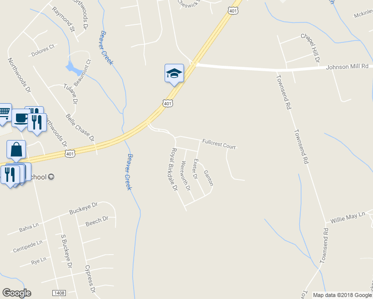 map of restaurants, bars, coffee shops, grocery stores, and more near Durham Drive in Raeford