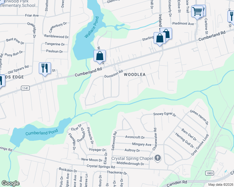 map of restaurants, bars, coffee shops, grocery stores, and more near 2615 Dumfries Drive in Fayetteville