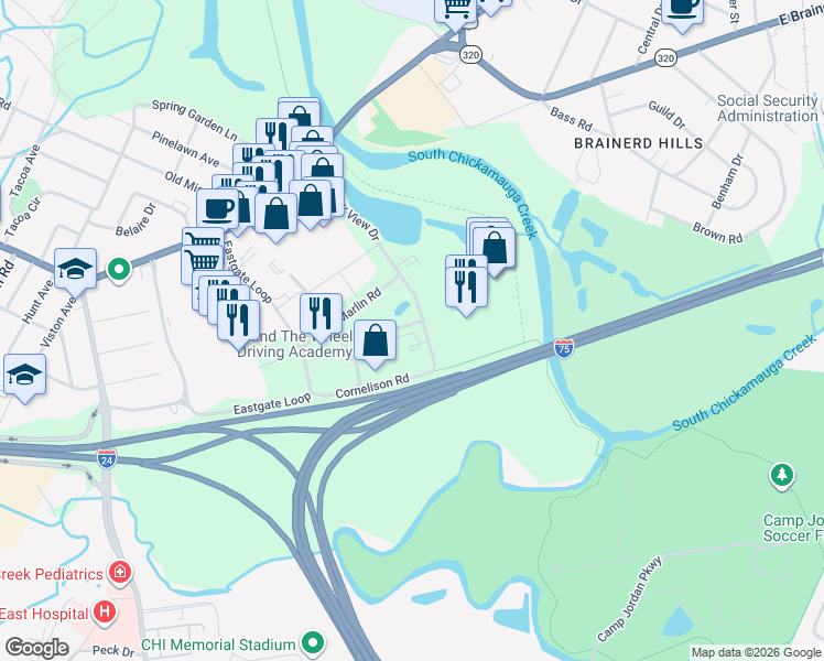 map of restaurants, bars, coffee shops, grocery stores, and more near 481 Skurlock Road in Chattanooga