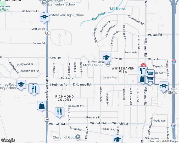 map of restaurants, bars, coffee shops, grocery stores, and more near 5126 Canton Drive in Memphis
