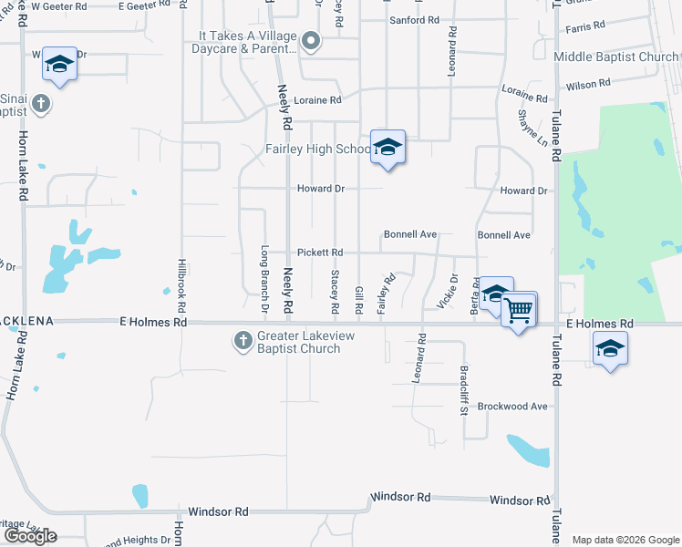 map of restaurants, bars, coffee shops, grocery stores, and more near 5127 Gill Road in Memphis