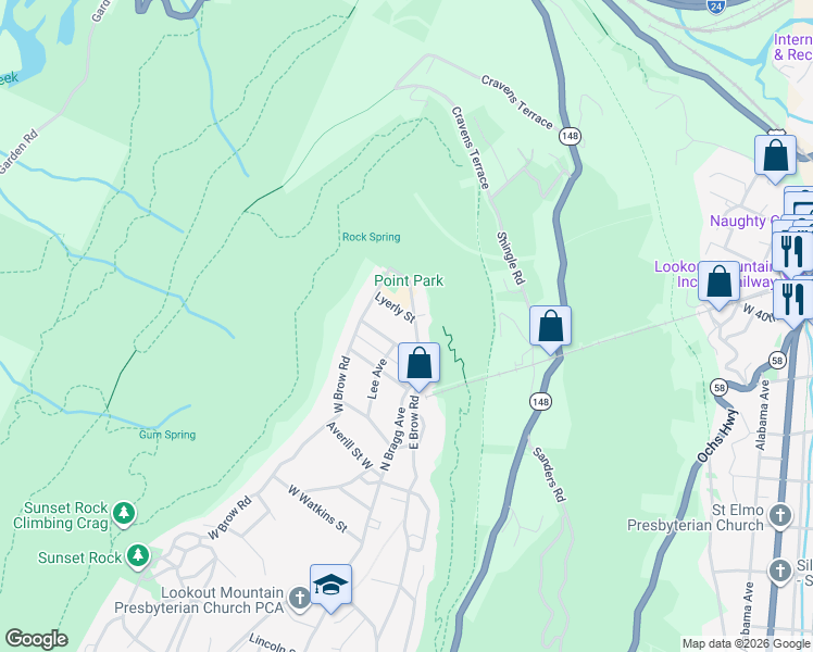 map of restaurants, bars, coffee shops, grocery stores, and more near 1010 East Brow Road in Lookout Mountain