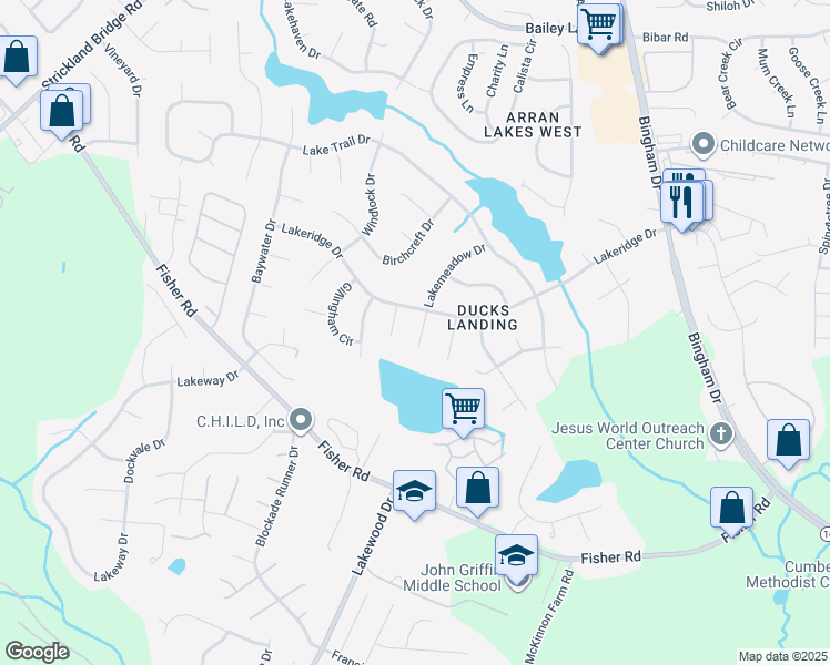 map of restaurants, bars, coffee shops, grocery stores, and more near 2008 Lakemeadow Drive in Fayetteville