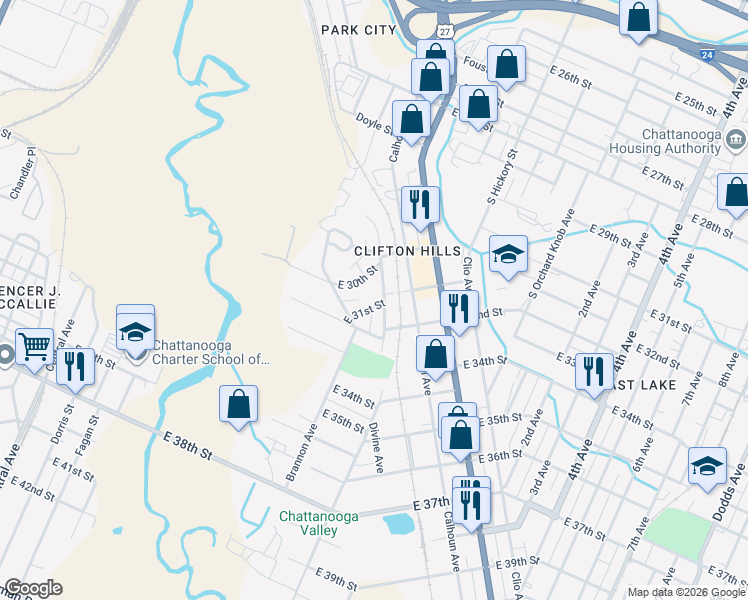map of restaurants, bars, coffee shops, grocery stores, and more near 3013 East Crescent Circle in Chattanooga