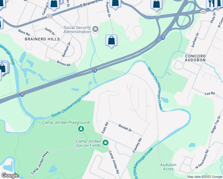 map of restaurants, bars, coffee shops, grocery stores, and more near 201 Eads Street in East Ridge