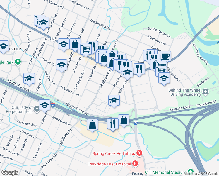 map of restaurants, bars, coffee shops, grocery stores, and more near 92 Hunt Avenue in Chattanooga