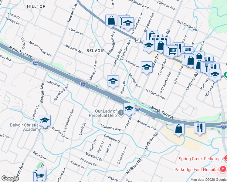 map of restaurants, bars, coffee shops, grocery stores, and more near 4601 North Terrace in Chattanooga