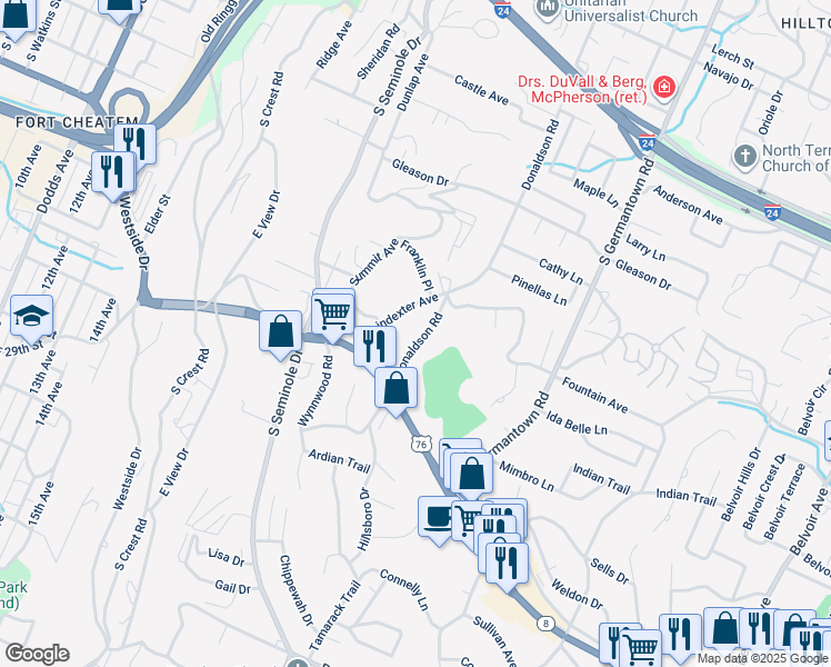 map of restaurants, bars, coffee shops, grocery stores, and more near 919 Donaldson Rd in Chattanooga