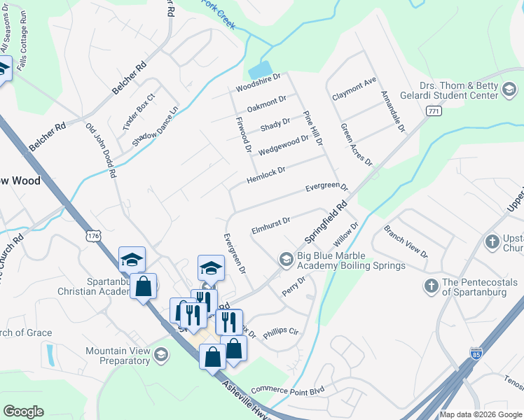map of restaurants, bars, coffee shops, grocery stores, and more near 2043 Evergreen Drive in Boiling Springs