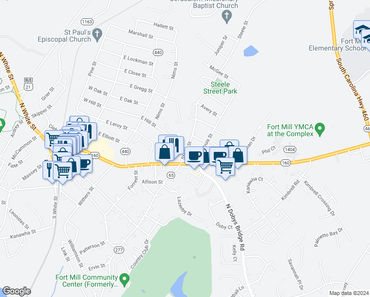 map of restaurants, bars, coffee shops, grocery stores, and more near 109 Steele Street in Fort Mill