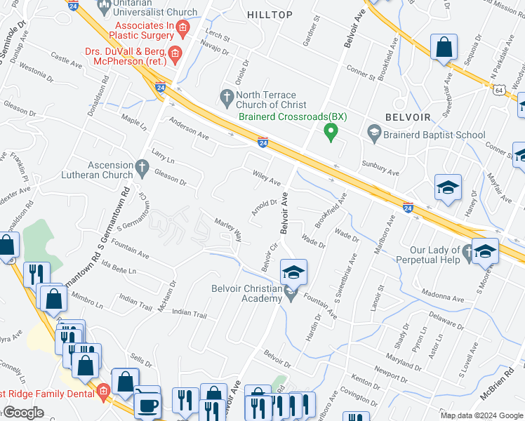 map of restaurants, bars, coffee shops, grocery stores, and more near 6 Arnold Drive in Chattanooga