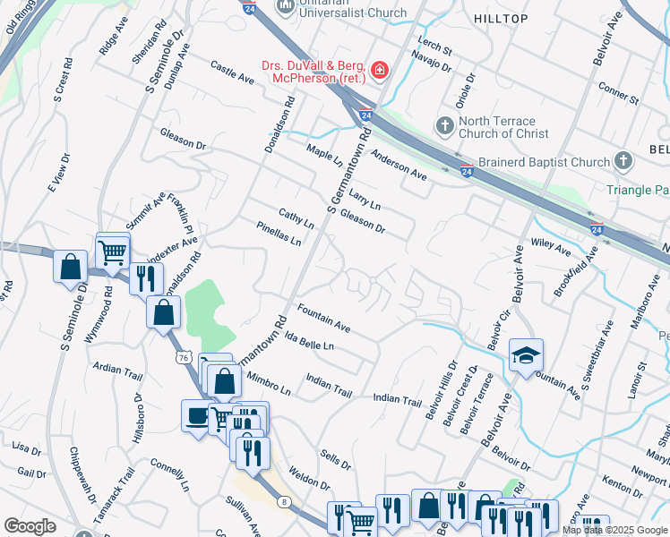 map of restaurants, bars, coffee shops, grocery stores, and more near 729 South Germantown Circle in Chattanooga