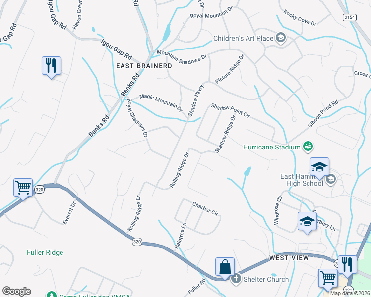 map of restaurants, bars, coffee shops, grocery stores, and more near 320 Rolling Ridge Drive in Chattanooga