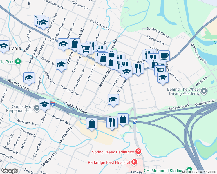 map of restaurants, bars, coffee shops, grocery stores, and more near 92 Hunt Avenue in Chattanooga