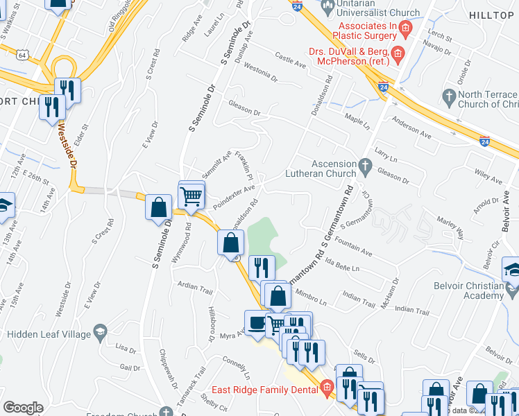 map of restaurants, bars, coffee shops, grocery stores, and more near 918 Donaldson Road in Chattanooga