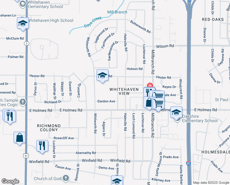 map of restaurants, bars, coffee shops, grocery stores, and more near 5131 Lexie Drive in Memphis