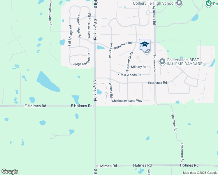 map of restaurants, bars, coffee shops, grocery stores, and more near 1334 Winoka Road in Collierville