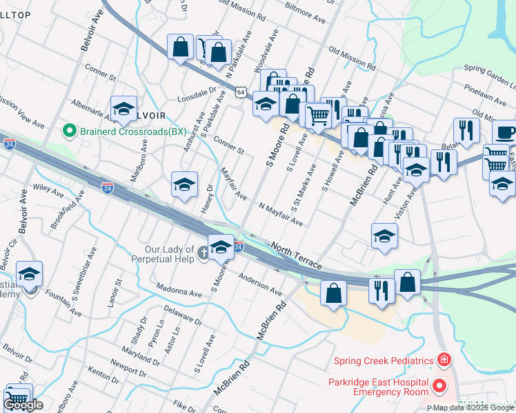 map of restaurants, bars, coffee shops, grocery stores, and more near 2178 North Mayfair Avenue in Chattanooga