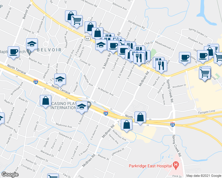 map of restaurants, bars, coffee shops, grocery stores, and more near 211 South Saint Marks Avenue in Chattanooga