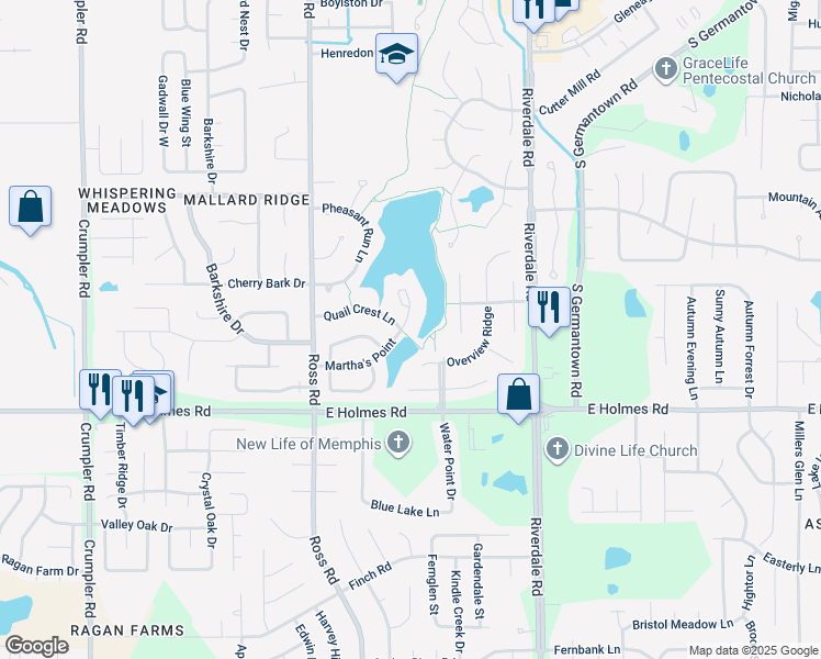 map of restaurants, bars, coffee shops, grocery stores, and more near 6800 Martha's Point in Memphis