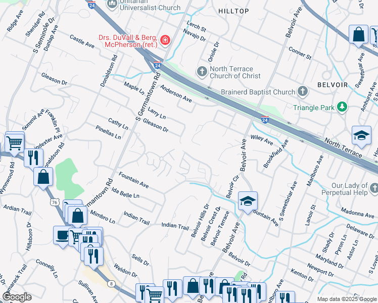 map of restaurants, bars, coffee shops, grocery stores, and more near 3717 Marley Way in Chattanooga