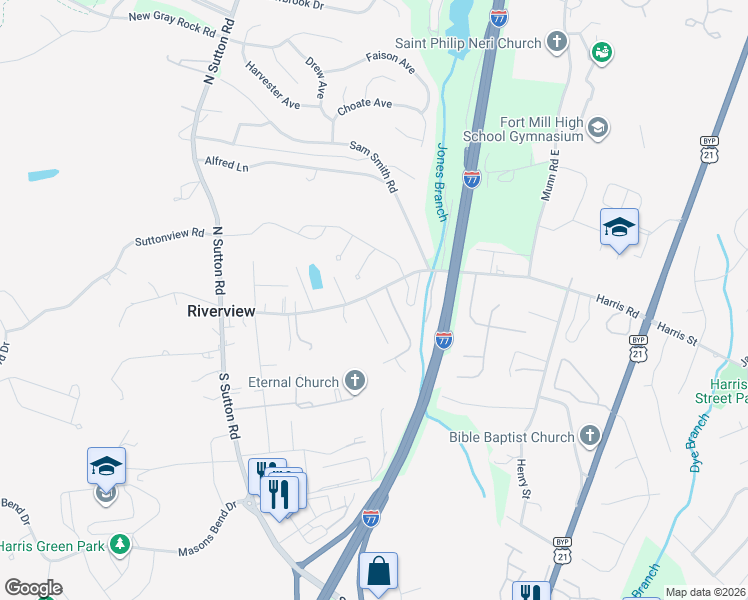 map of restaurants, bars, coffee shops, grocery stores, and more near 1595 Harris Road in Fort Mill