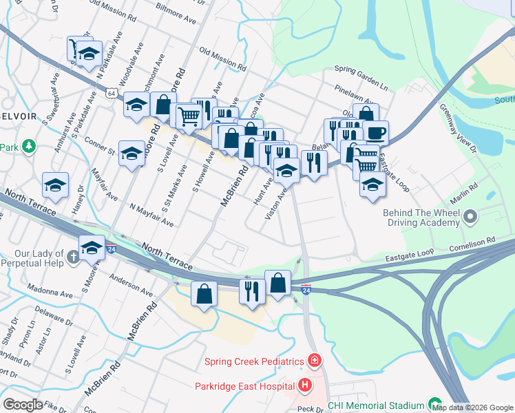 map of restaurants, bars, coffee shops, grocery stores, and more near 92 Hunt Avenue in Chattanooga