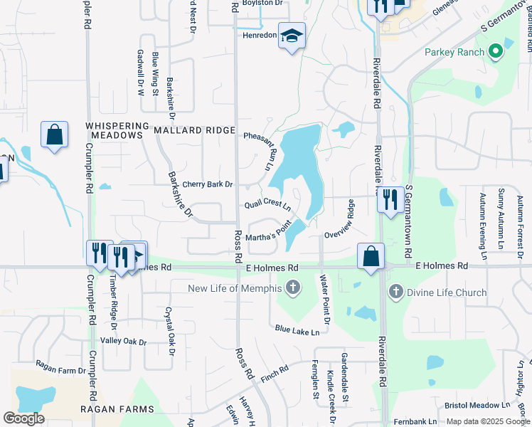 map of restaurants, bars, coffee shops, grocery stores, and more near 6754 Lake Point Circle in Memphis