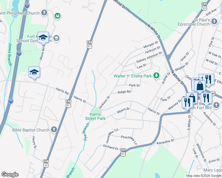 map of restaurants, bars, coffee shops, grocery stores, and more near 602 Jackson Street in Fort Mill
