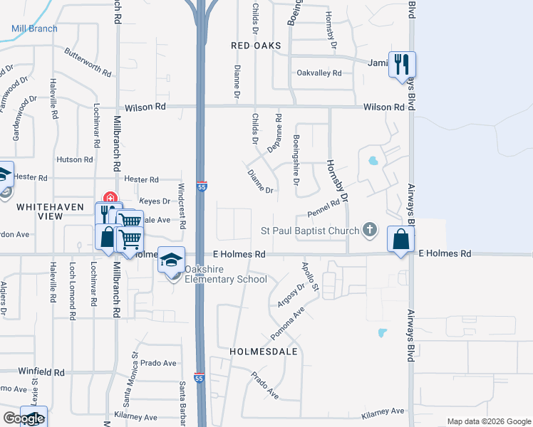 map of restaurants, bars, coffee shops, grocery stores, and more near 5131 Queen Elizabeth Freeway in Memphis