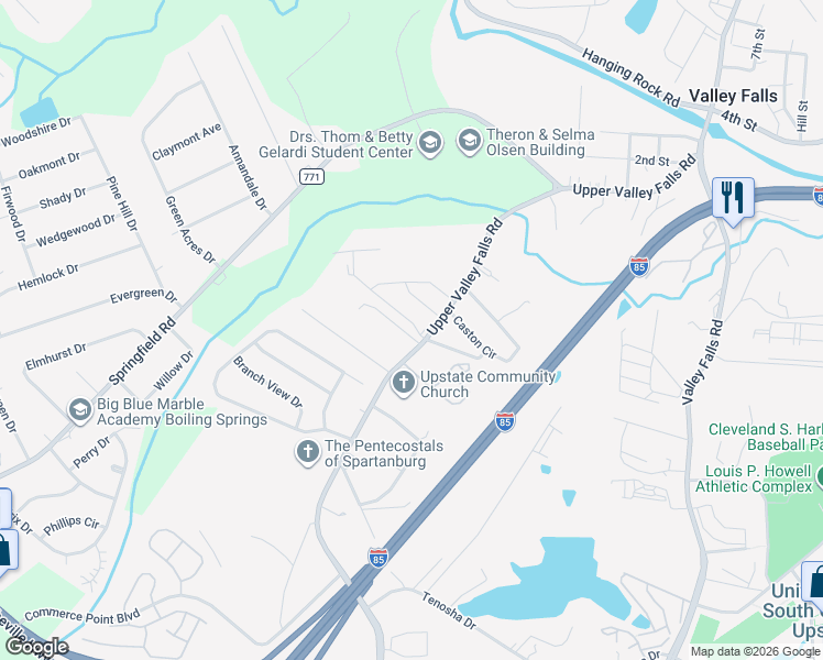 map of restaurants, bars, coffee shops, grocery stores, and more near 842 Upper Valley Falls Road in Boiling Springs