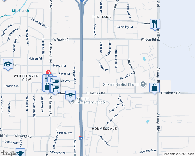 map of restaurants, bars, coffee shops, grocery stores, and more near 1921 Pennel Road in Memphis