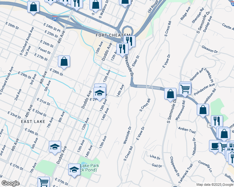 map of restaurants, bars, coffee shops, grocery stores, and more near 2637 14th Avenue in Chattanooga
