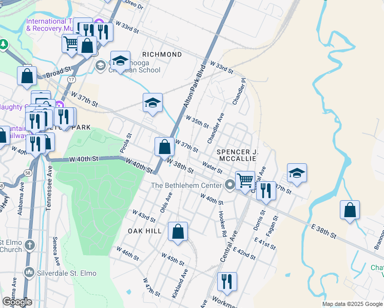 map of restaurants, bars, coffee shops, grocery stores, and more near 3710 Ohls Avenue in Chattanooga