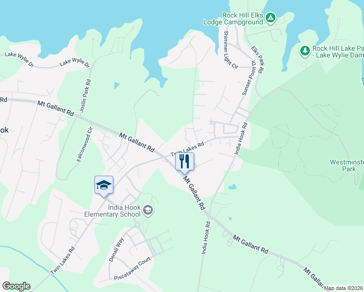 map of restaurants, bars, coffee shops, grocery stores, and more near 1865 Twin Lakes Road in Rock Hill
