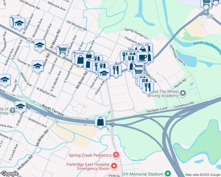 map of restaurants, bars, coffee shops, grocery stores, and more near 200 Spring Creek Rd in Chattanooga