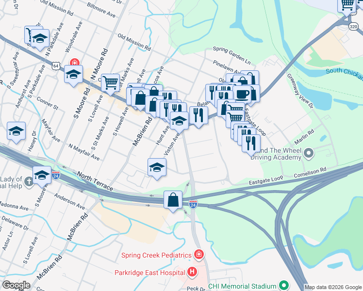 map of restaurants, bars, coffee shops, grocery stores, and more near 200 Spring Creek Road in Chattanooga