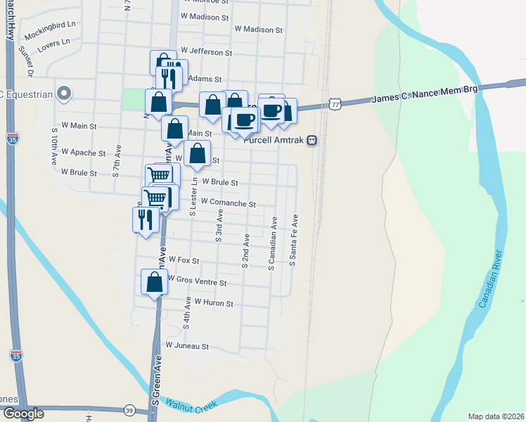 map of restaurants, bars, coffee shops, grocery stores, and more near 118 W Comanche St in Purcell
